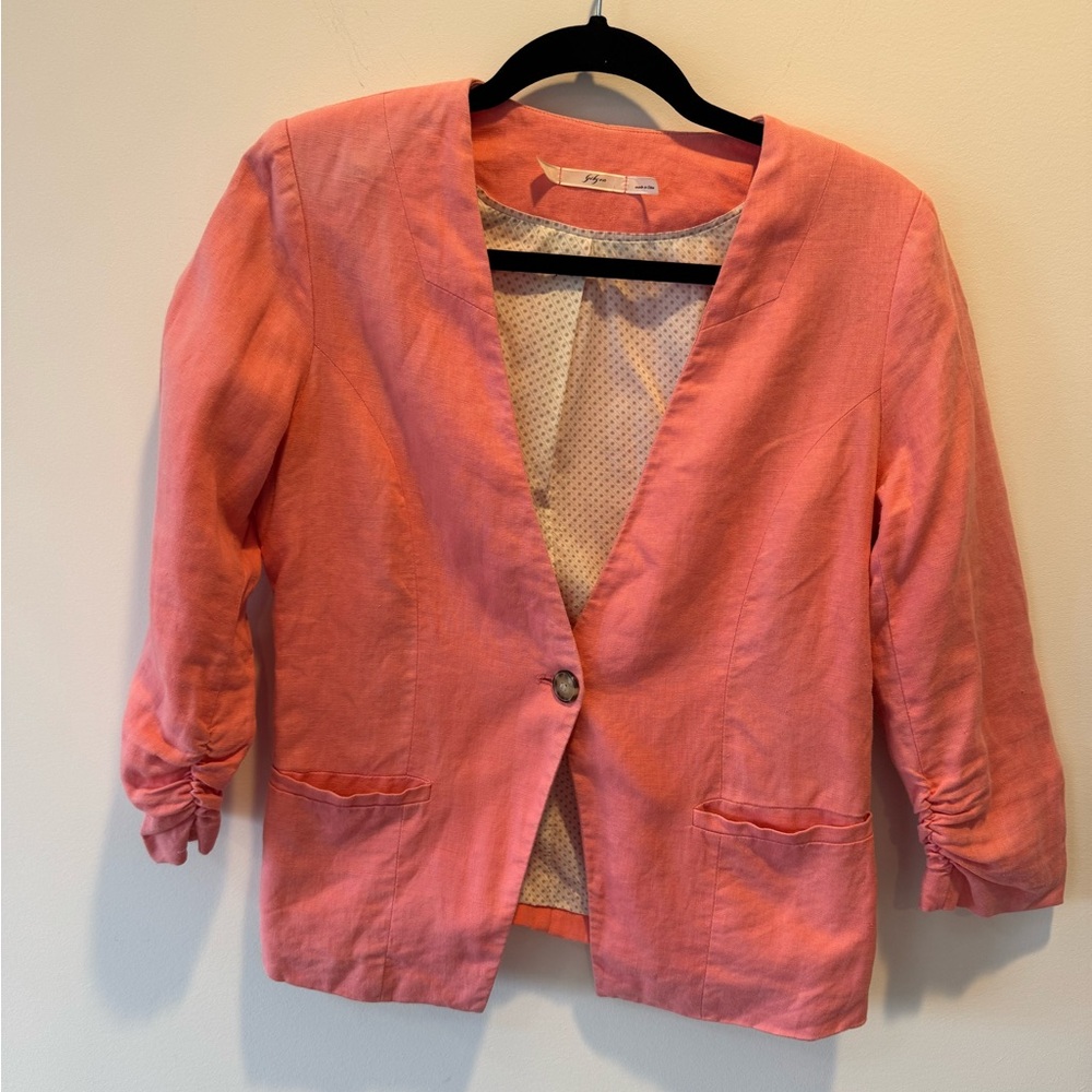 3/4 Sleeve Coral Pink Gibson 100% Linen Blazer Size S